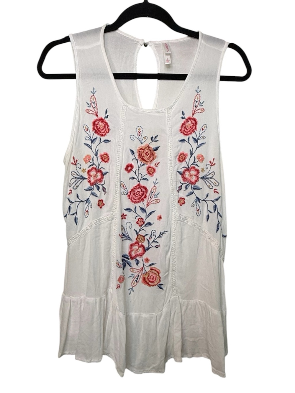 Xhilaration White Tank Top with Pink and Blue Floral Embroidery